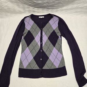 Women's NEW YORK & COMPANY Purple Gray Argyle Cardigan Size XS